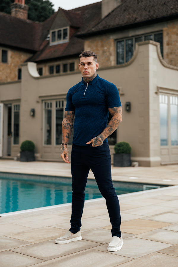 Father Sons Classic Jacquard Navy Chevron Zipped Polo - FSR021