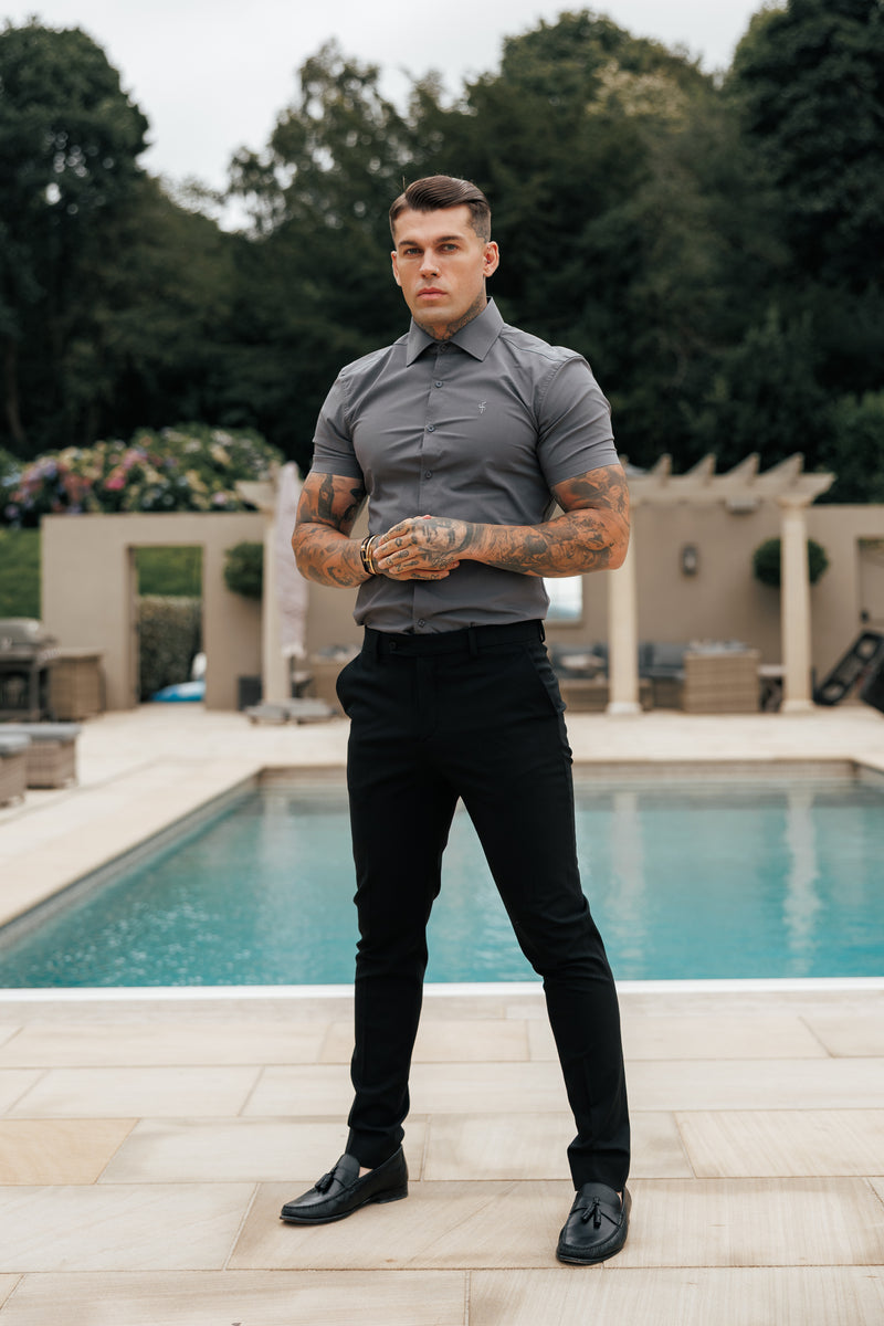 Father Sons Muscle Fit Advanced Stretch Charcoal Short Sleeve with Cutaway Collar - FS1206