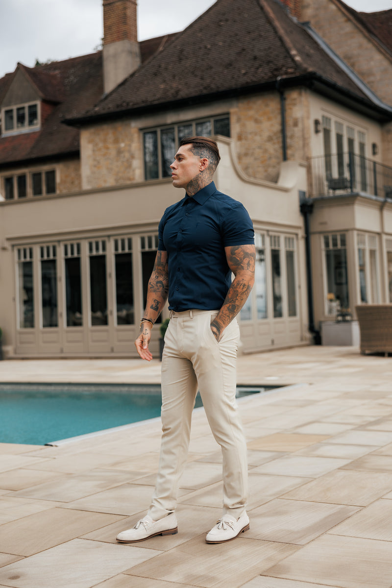 Father Sons Muscle Fit Advanced Stretch Navy Short Sleeve with Cutaway Collar - FS1163