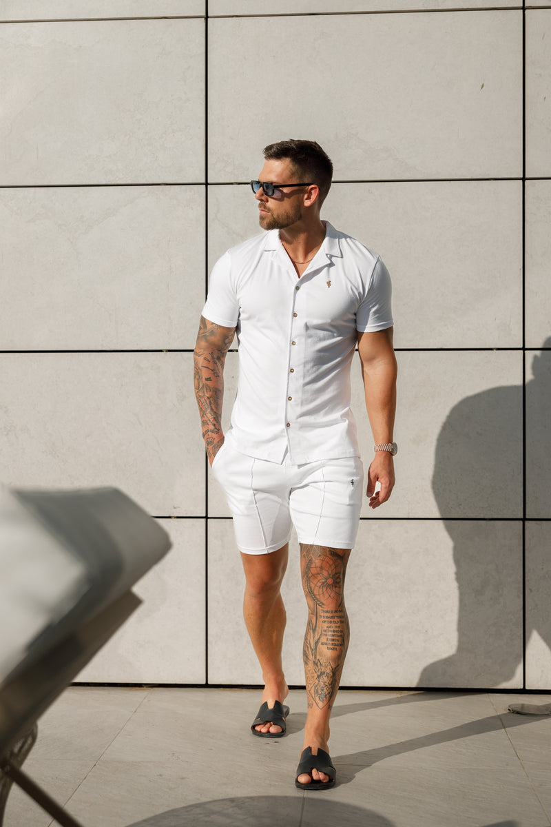 Father Sons Stretch White / Gold Pique Revere Shirt Short Sleeve - FSH1071  (PRE ORDER 30TH MAY)