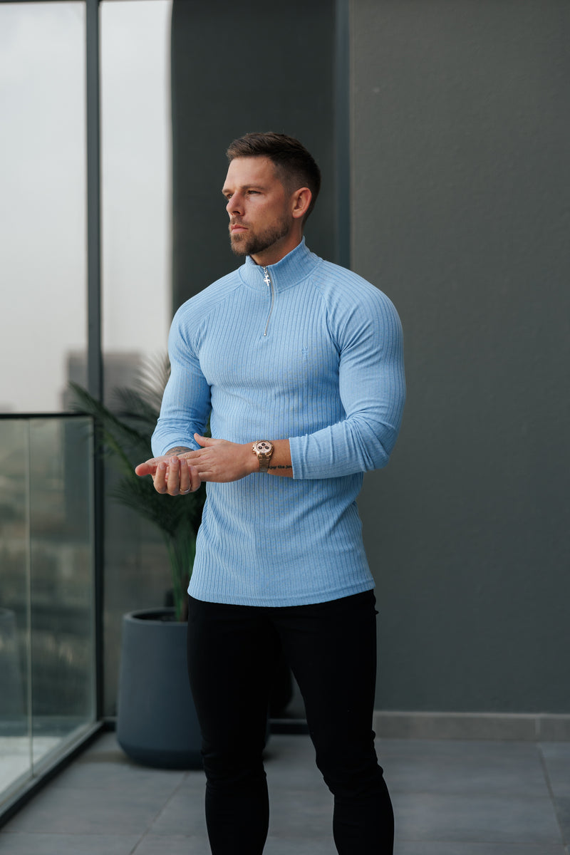 FS Classic Light Blue Ribbed Zip Funnel Neck Raglan Long Sleeve Crew - FSH1298