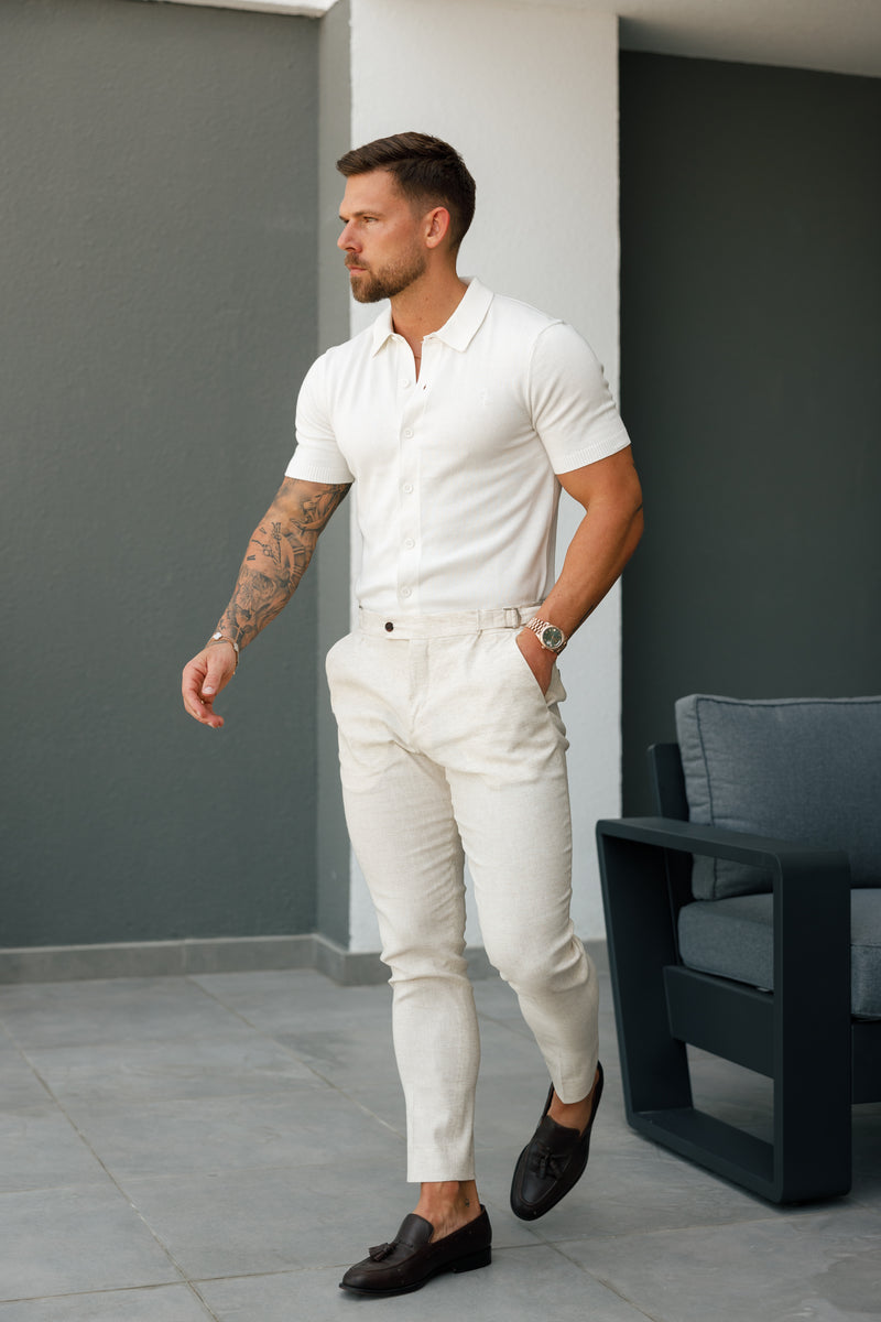 Father Sons Classic Plain Off White Knitted Button Through Polo Short Sleeve - FSN165