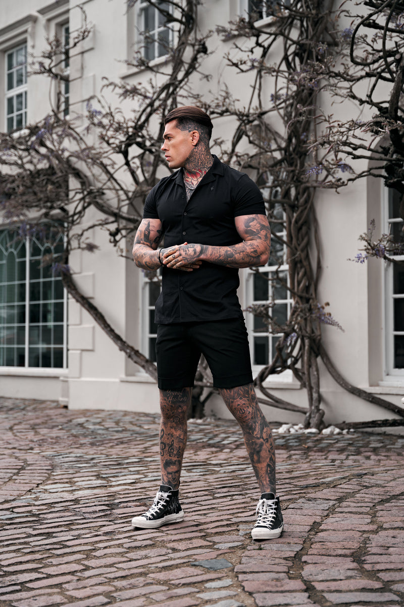 Father Sons Stretch Black Pique Revere Shirt Short Sleeve - FSH1067 (PRE ORDER 30TH MAY)
