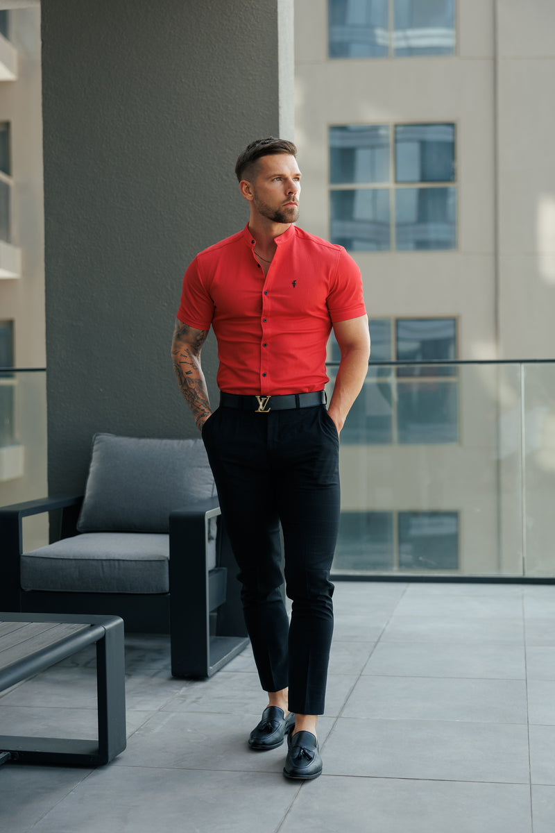 FS Super Slim Stretch Postbox Red Denim Short Sleeve with Grandad Collar - FS1141