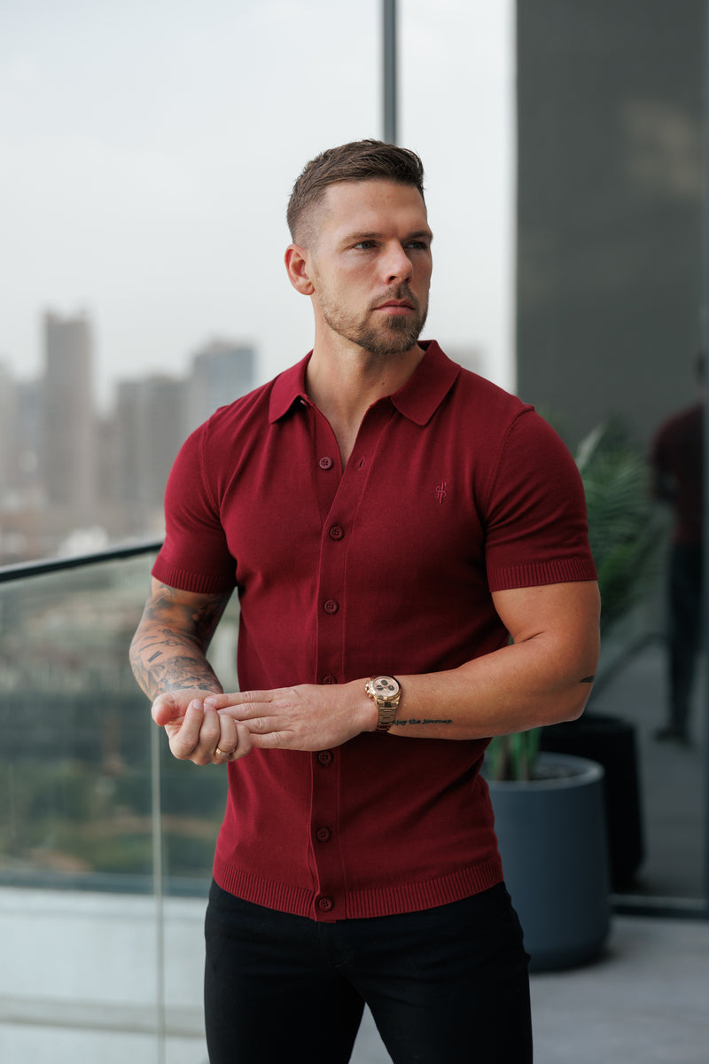 Father Sons Classic Plain Burgundy Knitted Button Through Polo Short Sleeve - FSN217