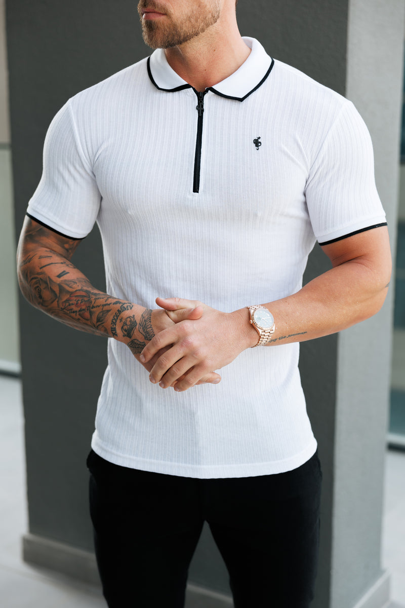 FS Classic White Ribbed Zip Polo with Contrast Short Sleeve - FSH1102