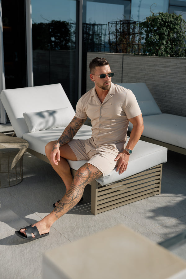 Father Sons Stretch Beige / Gold Pique Revere Shirt Short Sleeve - FSH1075  (PRE ORDER 24TH MAY)