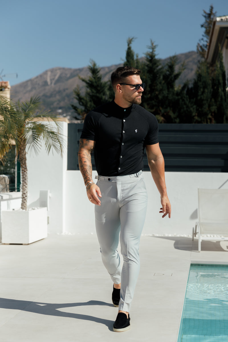 FS Slim Bamboo Raglan Grandad Collar Black Short Sleeve - FSH1165
