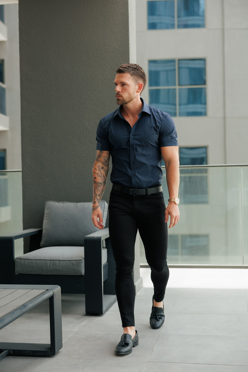 Father Sons Muscle Fit Advanced Stretch Navy Short Sleeve with Cutaway Collar - FS1163