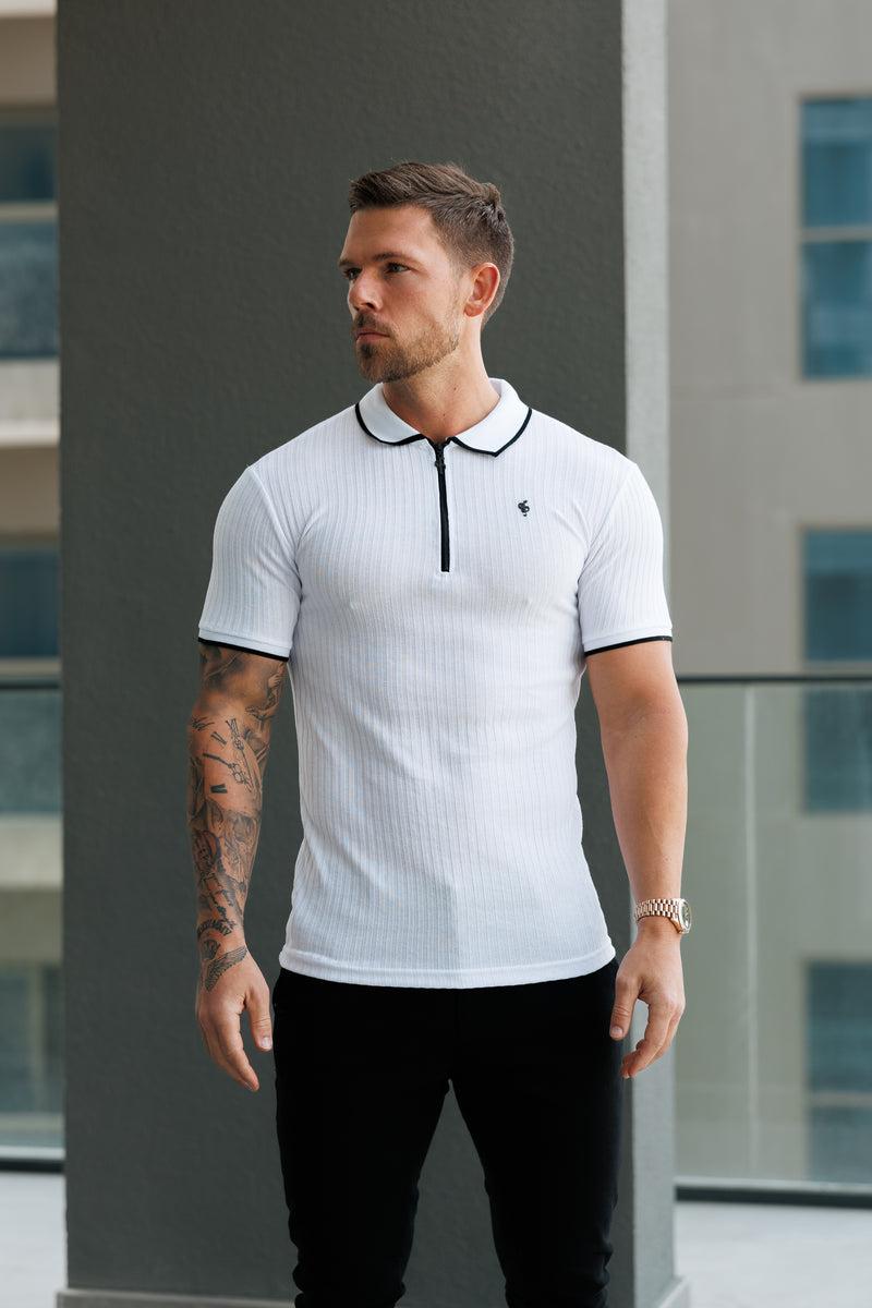 FS Classic White Ribbed Zip Polo with Contrast Short Sleeve - FSH1102