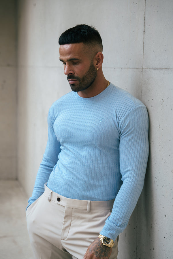 Father Sons Classic Light Blue Ribbed Knit Jumper With Tonal Embroidery - FSH1286