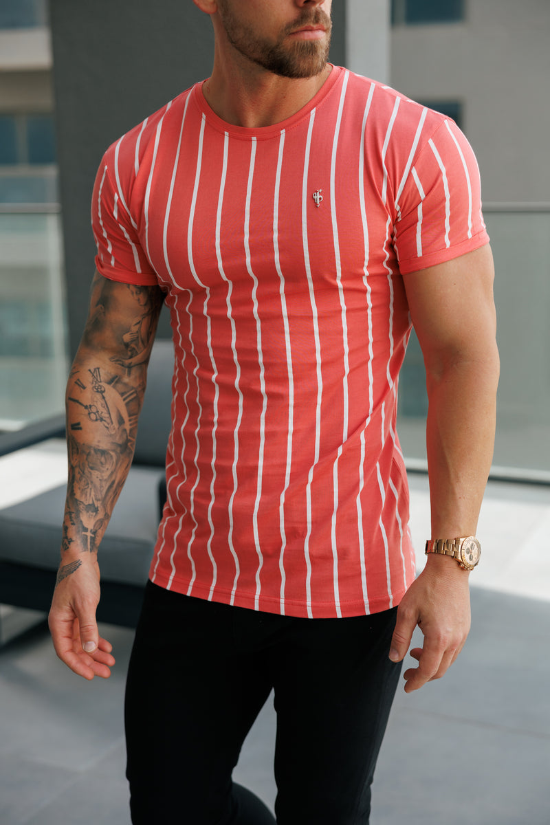 Father Sons Printed Coral / White Stripe Fitted T Shirt - FSH1171