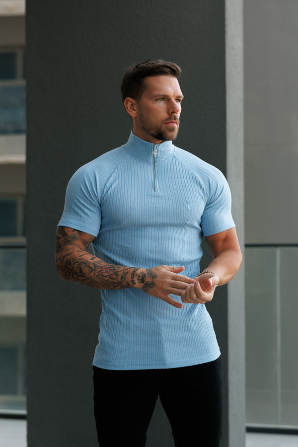 Father Sons Classic Light Blue Ribbed Zip Funnel Neck Raglan Short Sleeve Crew - FSH1291