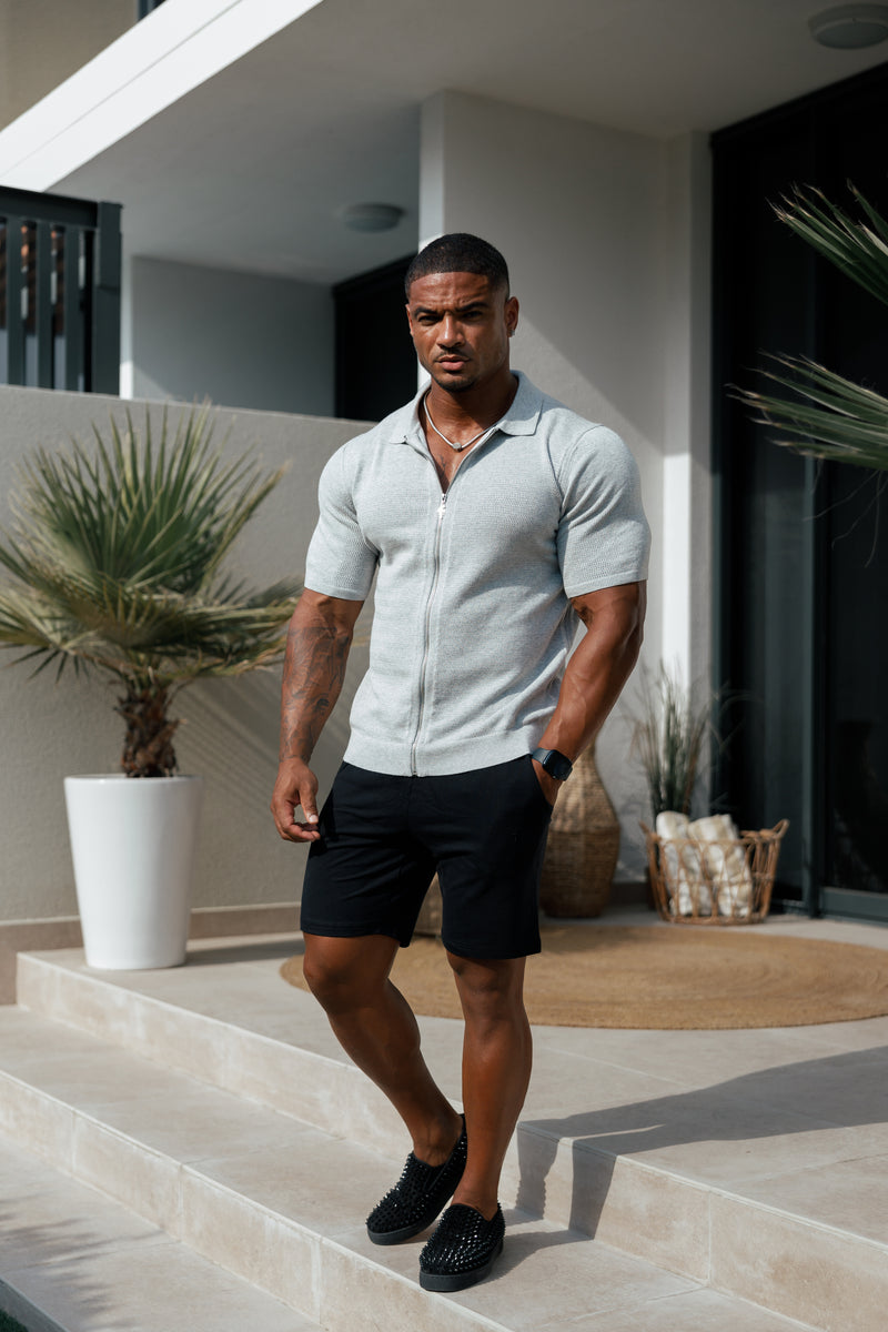 Father Sons Classic Knitted Textured Design With Full Length Zip Light Grey Short Sleeve - FSN154