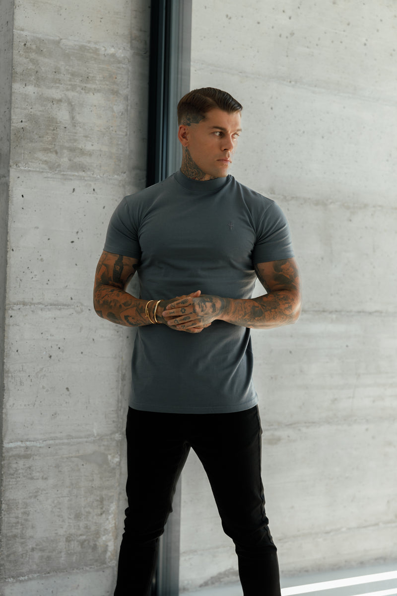 Father Sons Ribbed High Neck Crew T-Shirt Short Sleeve Charcoal - FSH1115