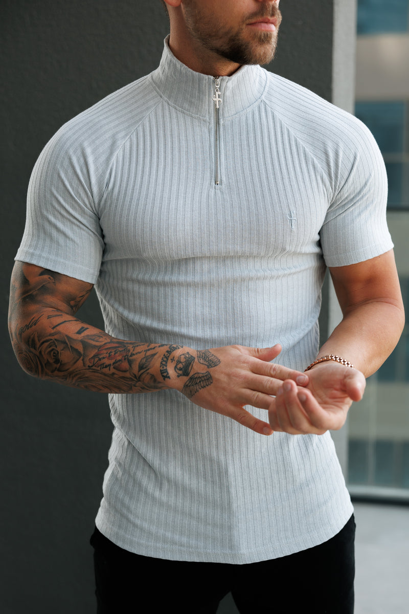 Father Sons Classic Light Grey Ribbed Zip Funnel Neck Raglan Short Sleeve Crew - FSH1287