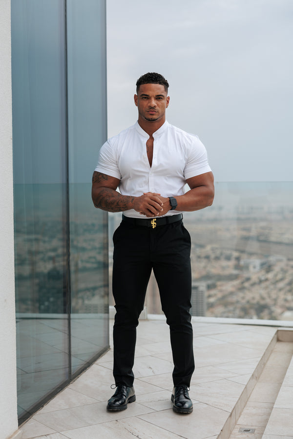 Father Sons Super Slim Stretch Classic All White Grandad Collar Short Sleeve - FS580