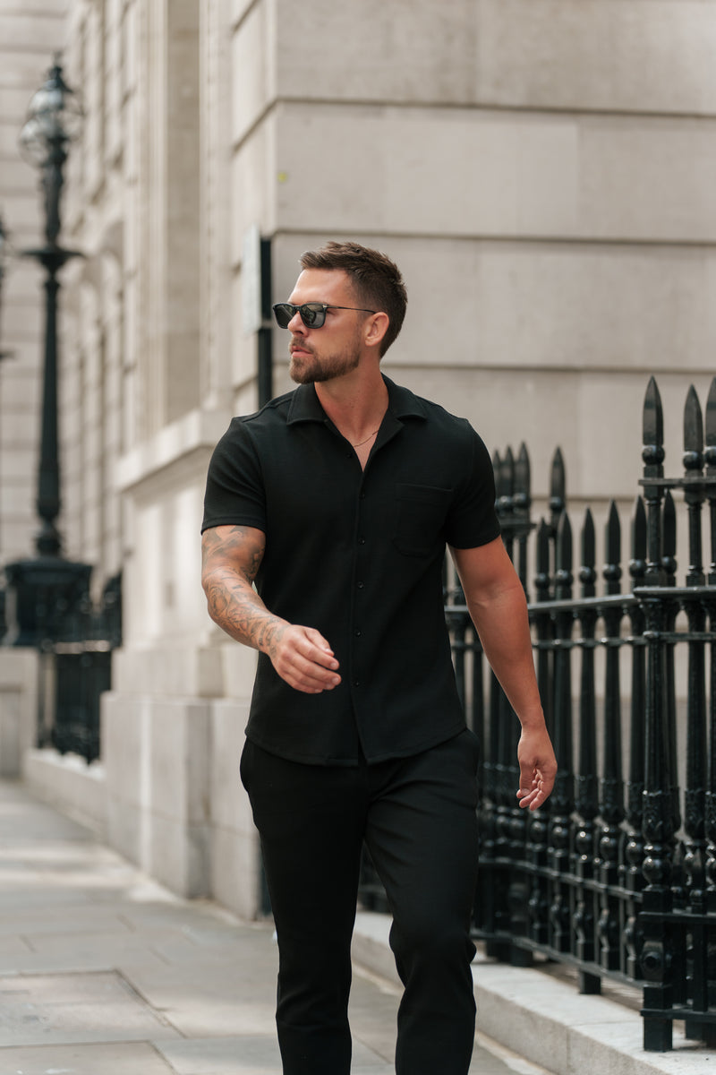 Father Sons Jersey Cord Stretch Black Revere Shirt Short Sleeve - FSR018 (PRE ORDER 11TH AUGUST)