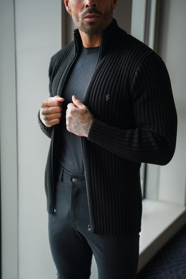 Father Sons Chunky Black Ribbed  Zipped Cardigan - FSJ068 (PRE ORDER 28TH FEBRUARY)