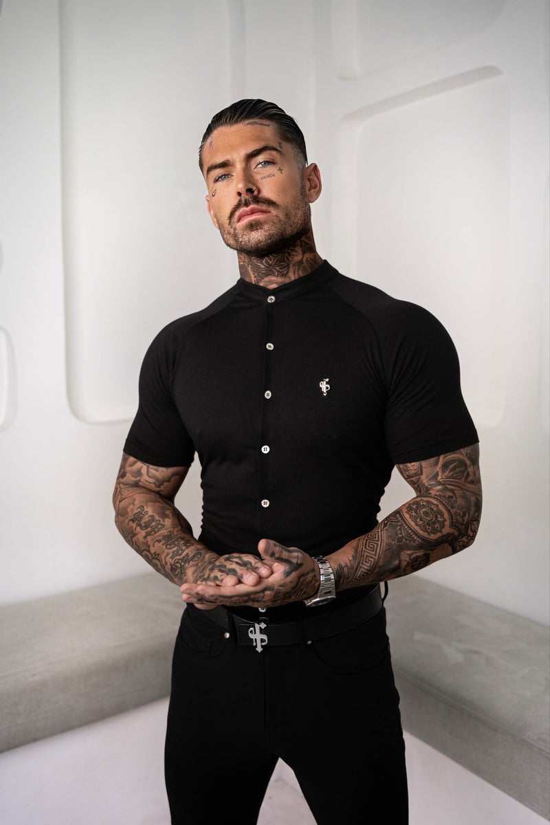 FS Slim Bamboo Raglan Grandad Collar Black Short Sleeve - FSH1165