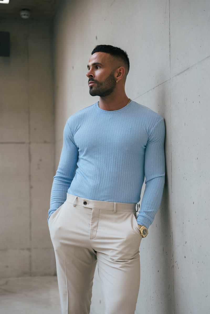 Father Sons Classic Light Blue Ribbed Knit Jumper With Tonal Embroidery - FSH1286