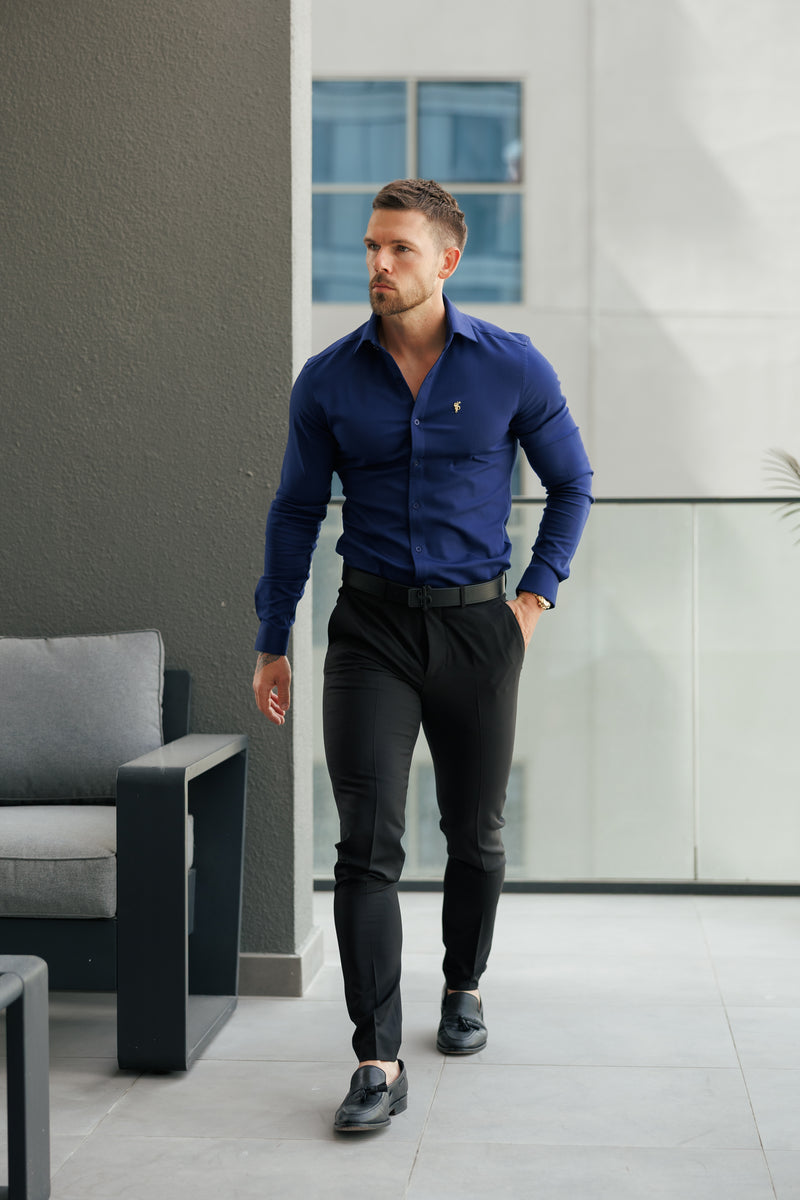 Father Sons Super Slim Stretch Navy Denim Long Sleeve with Cutaway Collar - FS1149