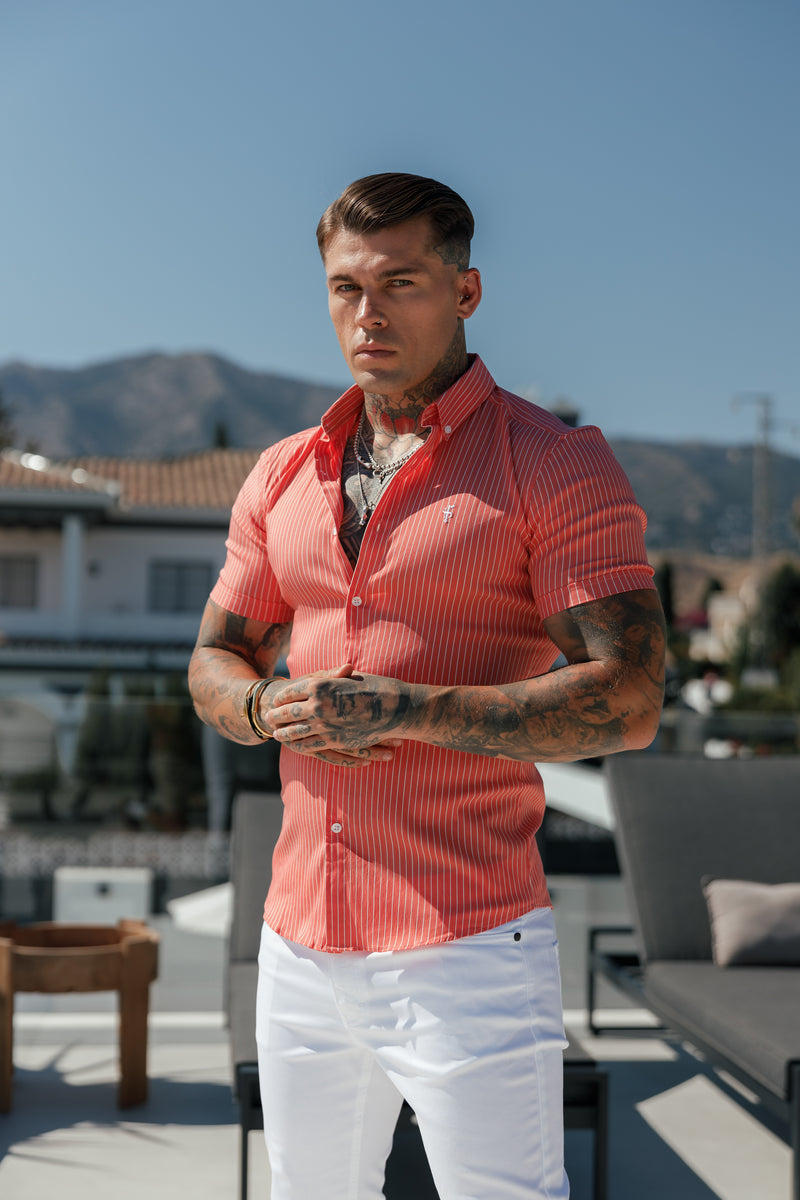 Father Sons Super Slim Stretch Coral Printed Pinstripe Short Sleeve with Button Down Collar - FS1062 (PRE ORDER 31ST JULY)