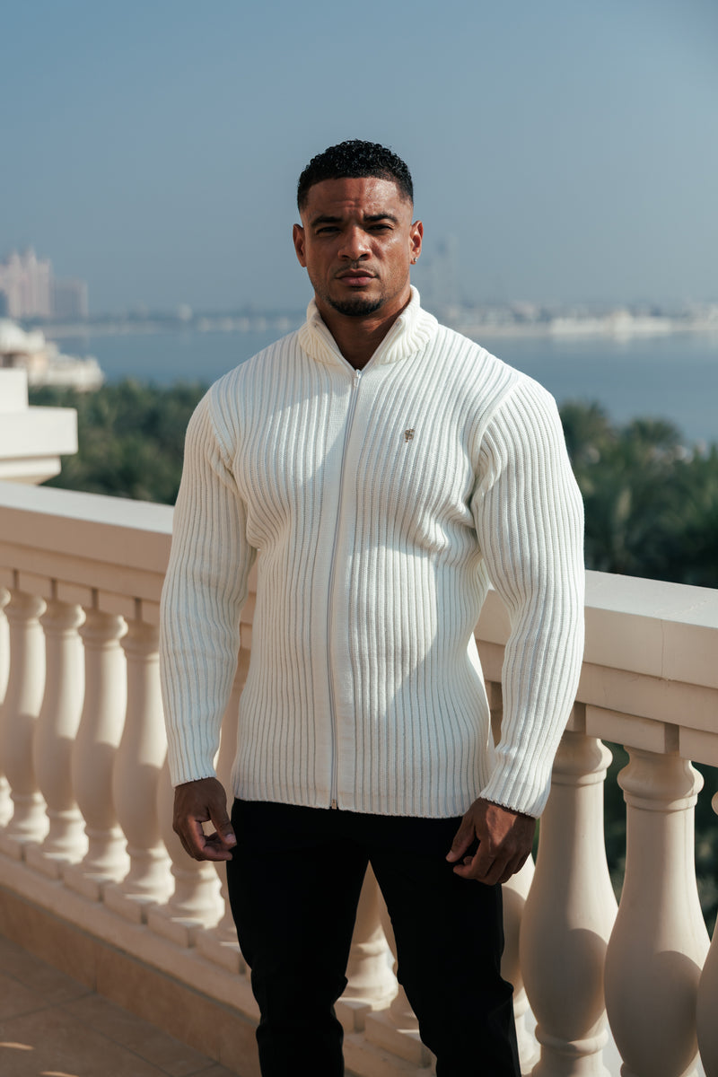 Father Sons Chunky Cream Ribbed Zipped Cardigan with Gold Emblem- FSJ096