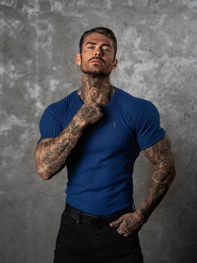 Father Sons Classic New Navy / Gold Ribbed Knit Super Slim Short Sleeve Crew - FSH1383