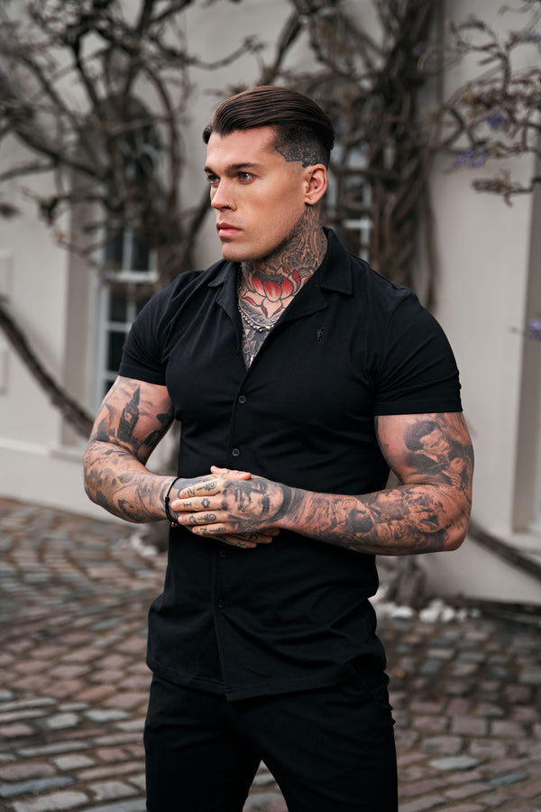 Father Sons Stretch Black Pique Revere Shirt Short Sleeve - FSH1067 (PRE ORDER 24TH MAY)