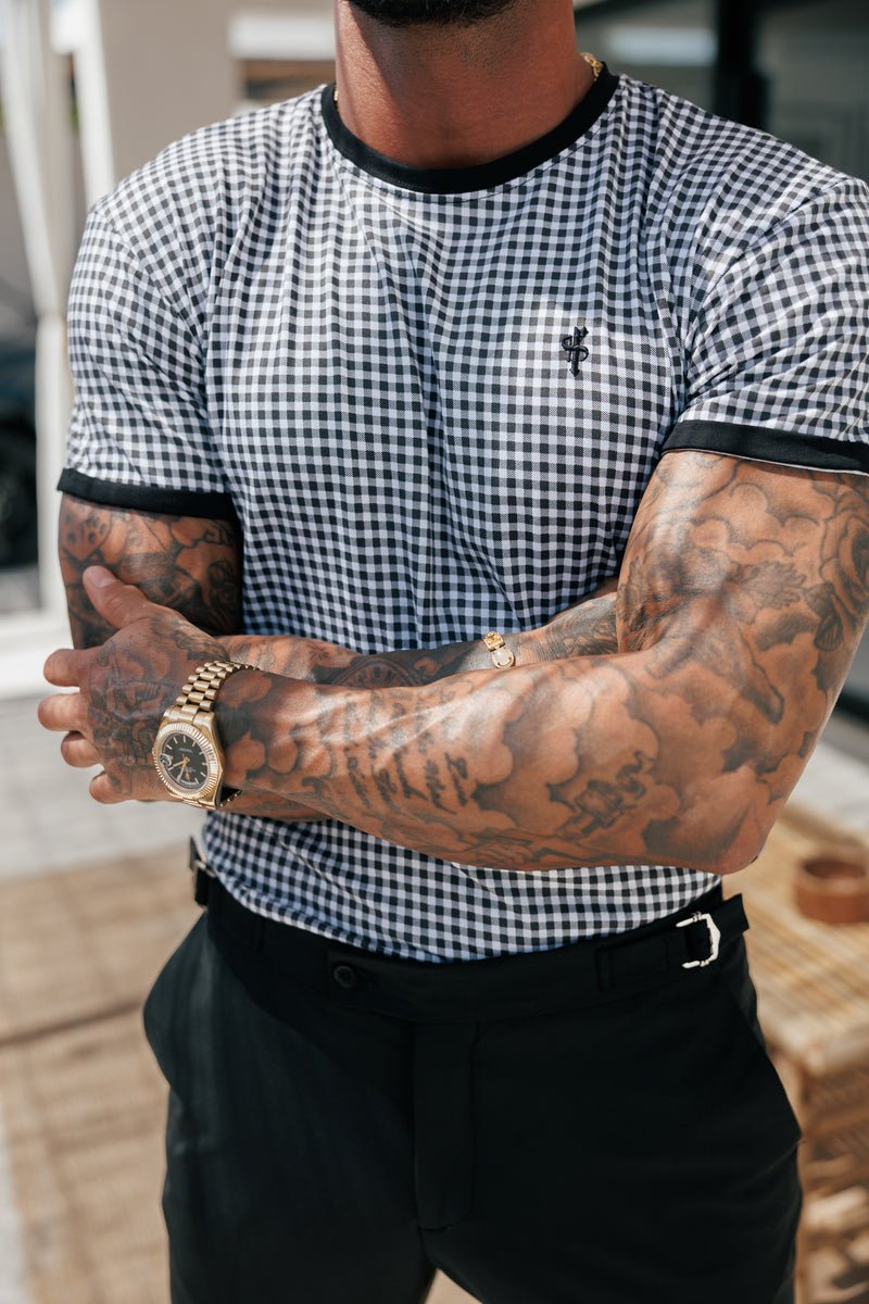 Father Sons Printed Black / White Check Fitted T Shirt - FSH1238 (PRE ORDER 16TH MAY)