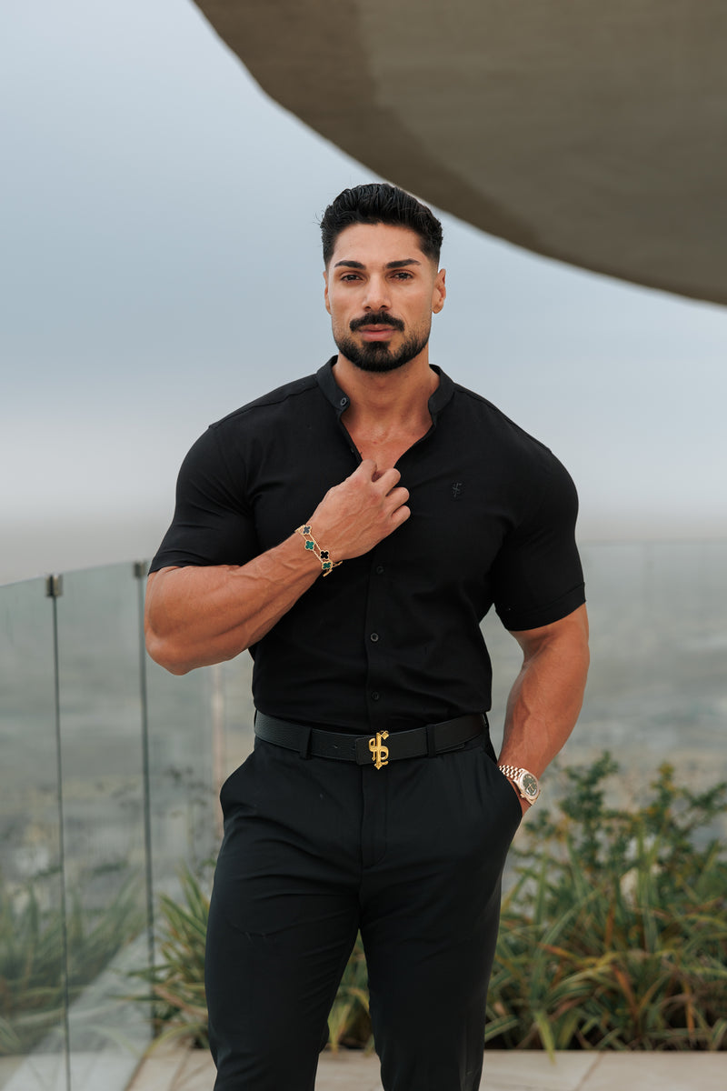 Father Sons Super Slim Oxford Stretch Classic All Black Grandad Collar Short Sleeve - FS582