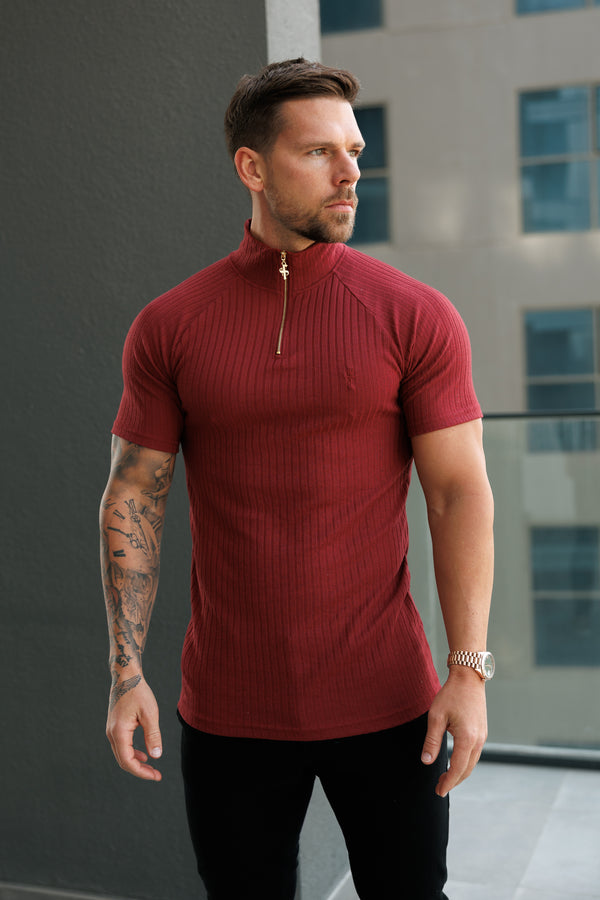 Father Sons Classic Burgundy Ribbed Zip Funnel Neck Raglan Short Sleeve Crew - FSH1293