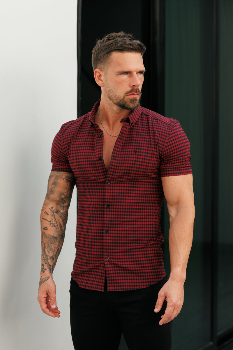 Father Sons Super Slim Ultra Stretch Red & Black Check Short Sleeve - FS514