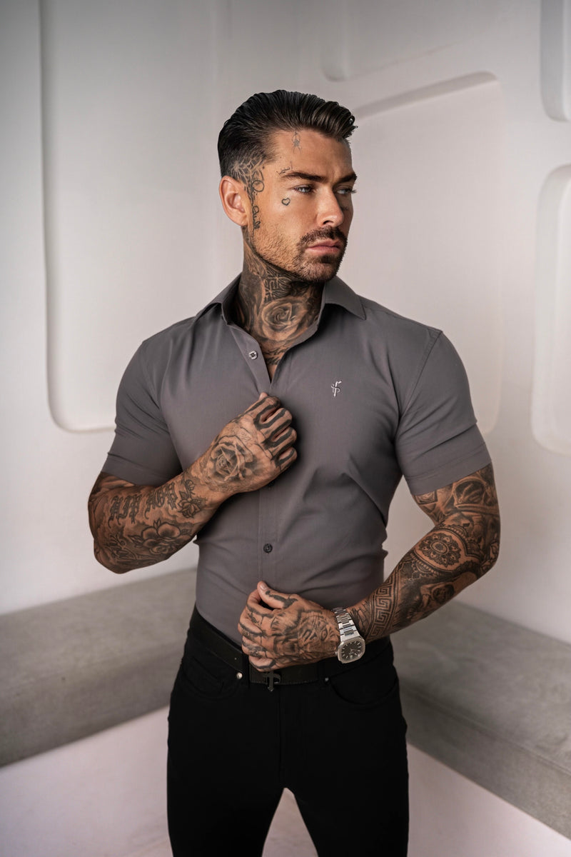 Father Sons Muscle Fit Advanced Stretch Charcoal Short Sleeve with Cutaway Collar - FS1206