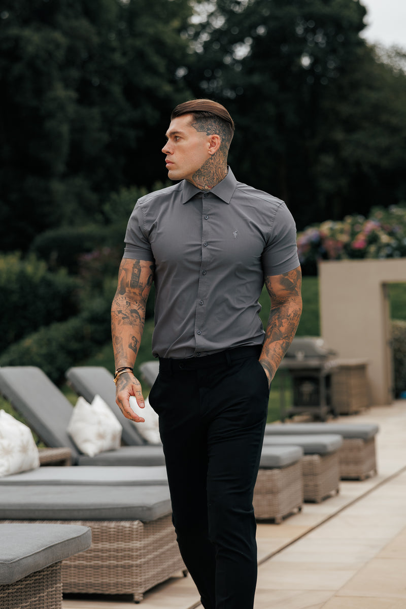 Father Sons Muscle Fit Advanced Stretch Charcoal Short Sleeve with Cutaway Collar - FS1206