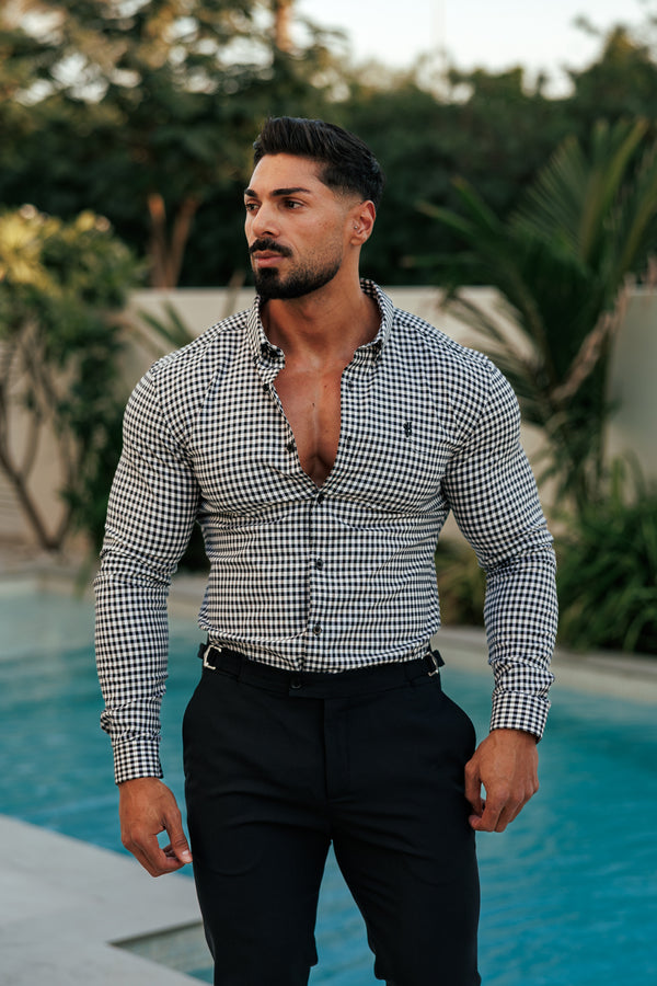 FS Super Slim Stretch White / Black Check Long Sleeve with Button Down Collar - FS1069