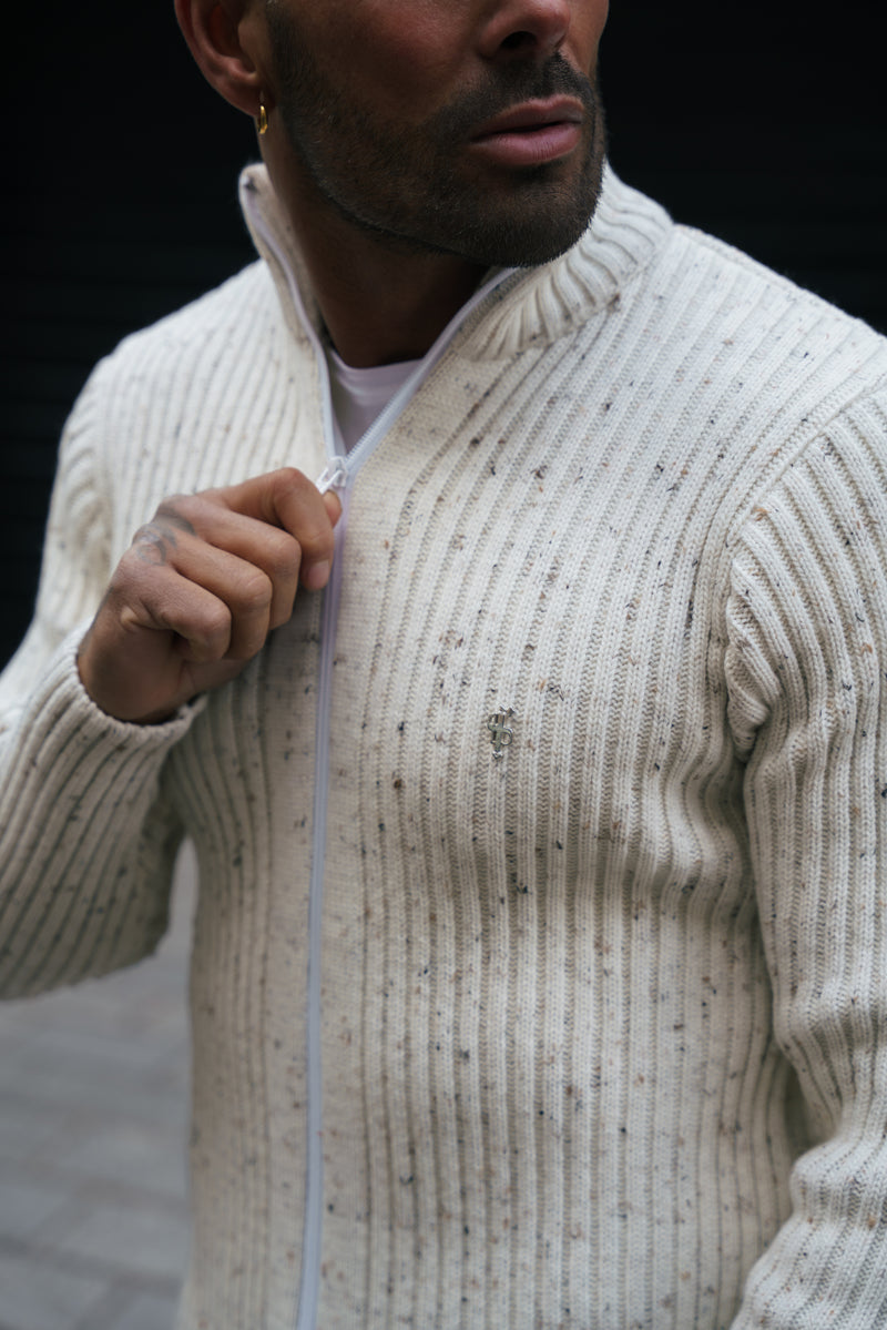 Father Sons Chunky Beige Flecks Ribbed Zipped Cardigan - FSJ070 (PRE ORDER 28TH FEBRUARY)