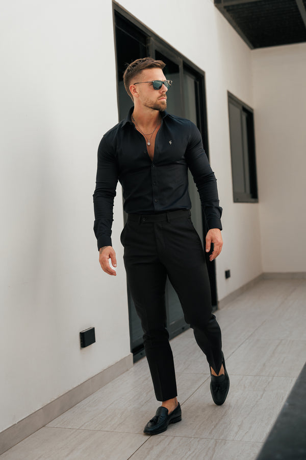 FS Super Slim Stretch Black Denim Long Sleeve with Gunmetal Metal Decal and Cutaway Collar - FS1169