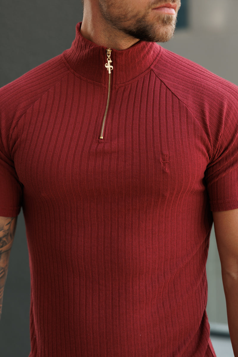 Father Sons Classic Burgundy Ribbed Zip Funnel Neck Raglan Short Sleeve Crew - FSH1293