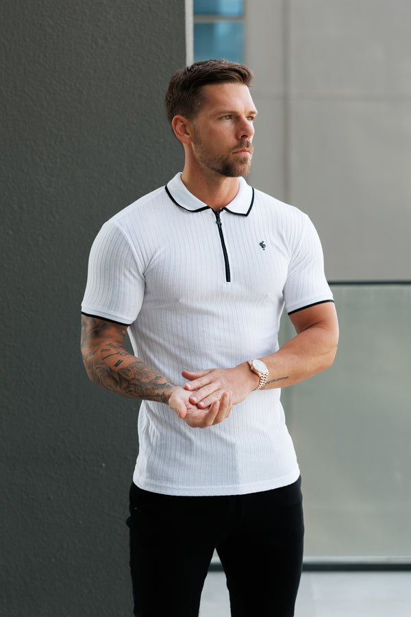 FS Classic White Ribbed Zip Polo with Contrast Short Sleeve - FSH1102