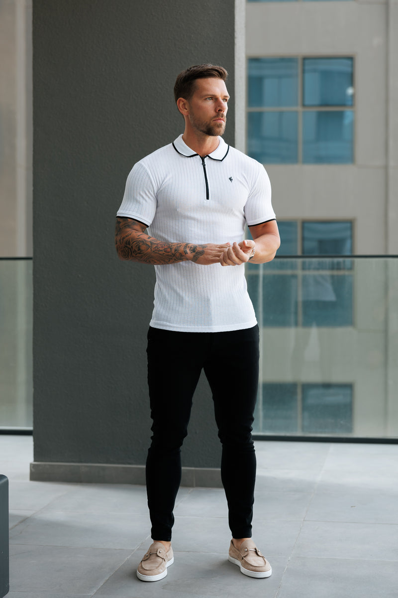 FS Classic White Ribbed Zip Polo with Contrast Short Sleeve - FSH1102