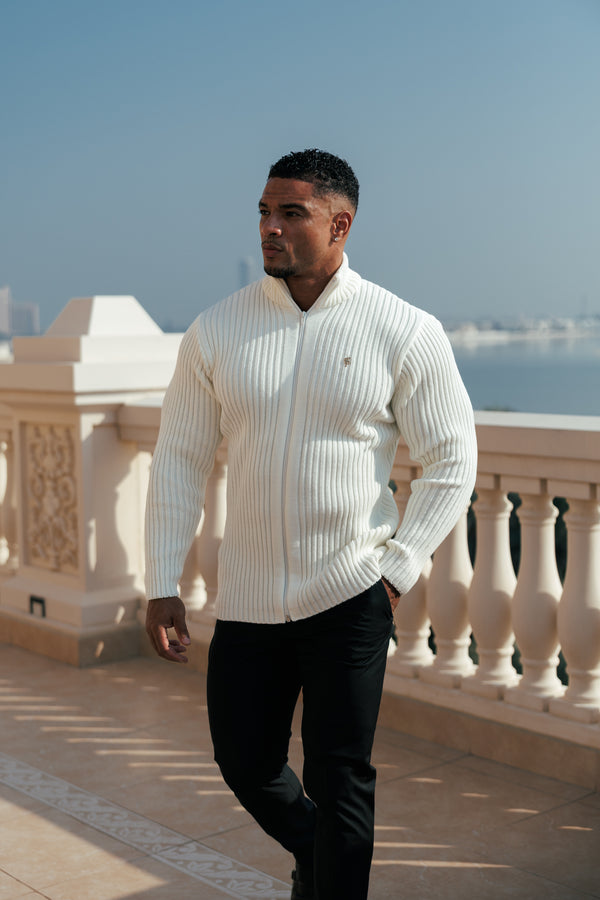 Father Sons Chunky Cream Ribbed Zipped Cardigan with Gold Emblem- FSJ096