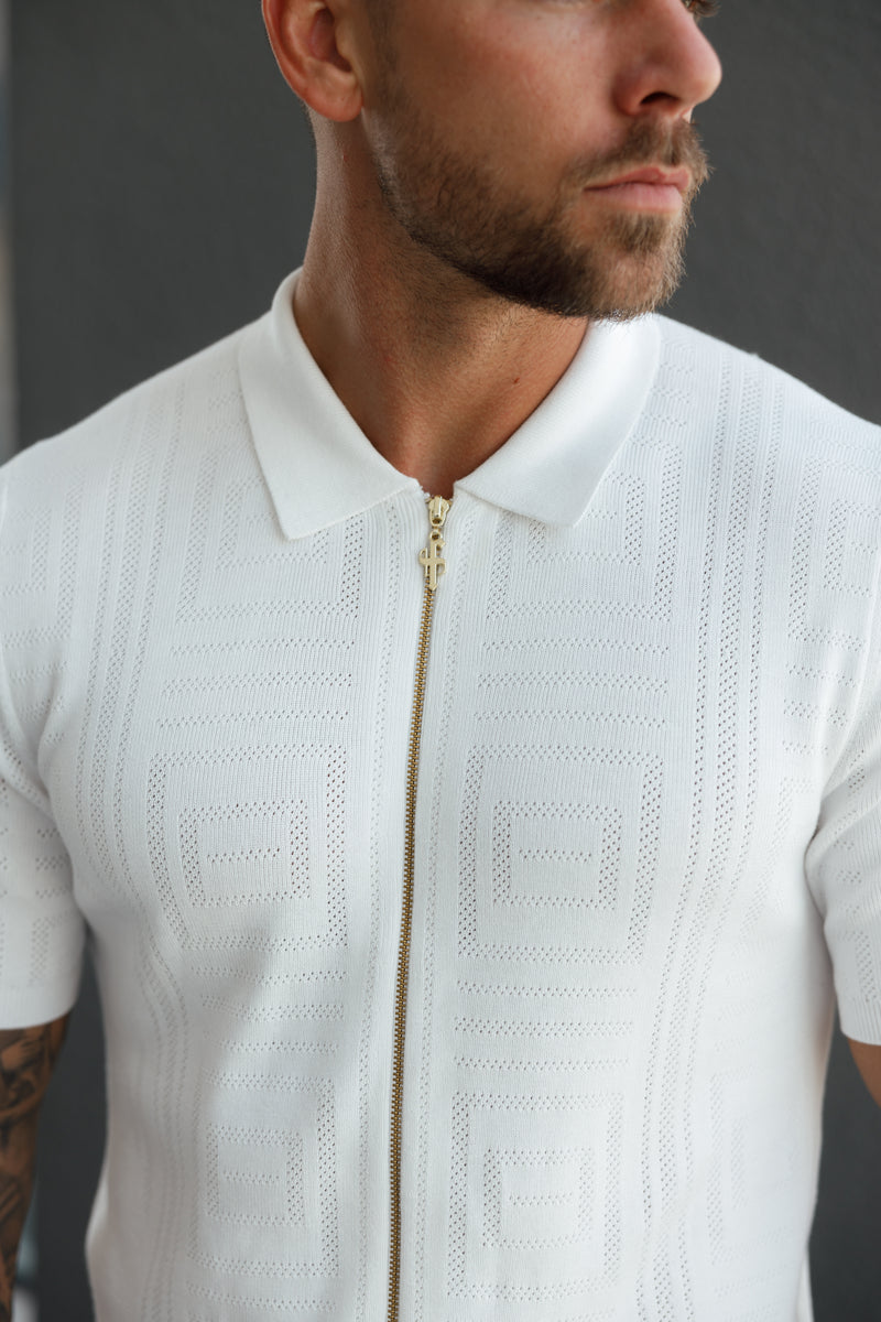 Father Sons Classic Knitted Geo Design With Full Length Zip Off White Short Sleeve - FSN148