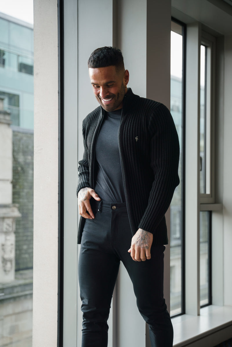 Father Sons Chunky Black Ribbed  Zipped Cardigan - FSJ068 (PRE ORDER 28TH FEBRUARY)