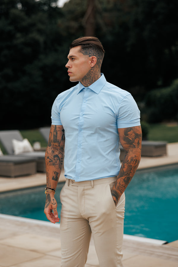 Father Sons Muscle Fit Advanced Stretch Powder Blue Short Sleeve with Cutaway Collar  - FS1162