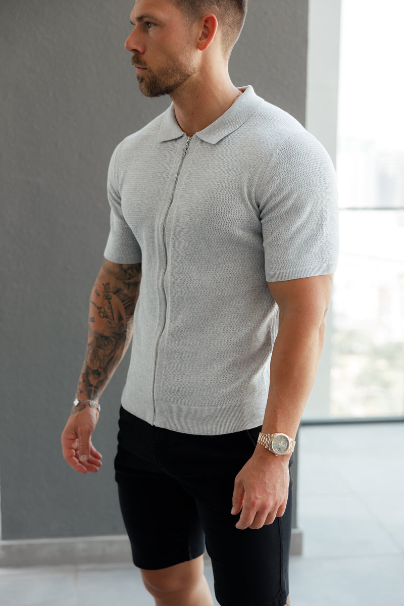 Father Sons Classic Knitted Textured Design With Full Length Zip Light Grey Short Sleeve - FSN154