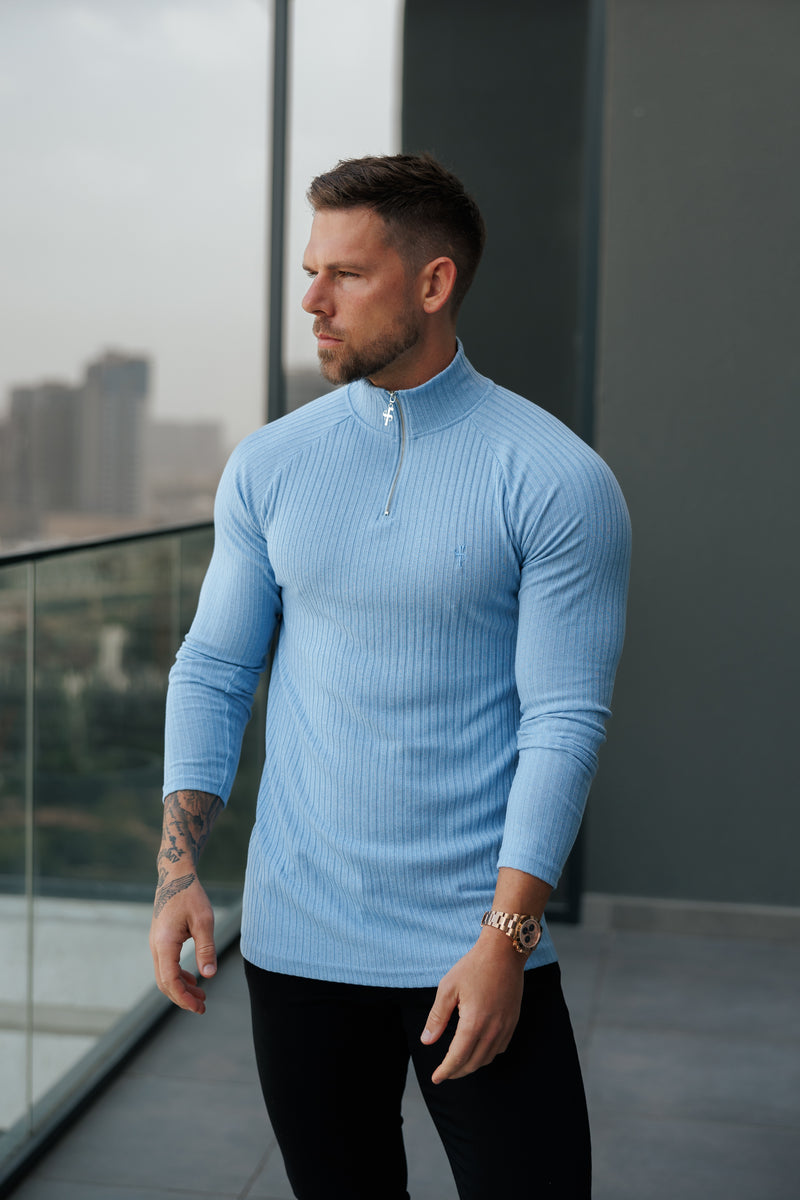 FS Classic Light Blue Ribbed Zip Funnel Neck Raglan Long Sleeve Crew - FSH1298