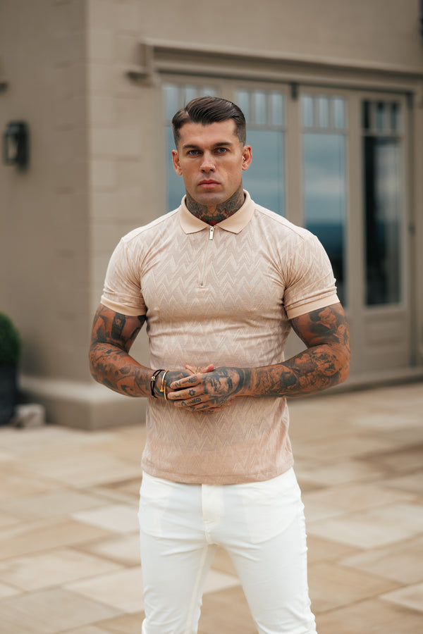 Father Sons Classic Jacquard Beige Chevron Zipped Polo - FSR023