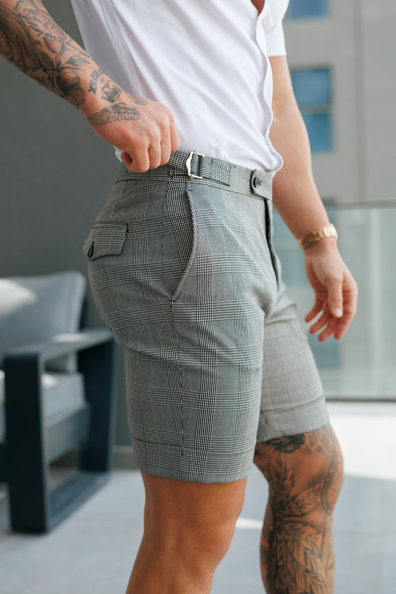 Father Sons Tailored Prince of Wales Check Black / Ecru Shorts With Silver Side Adjusters- FSTS005